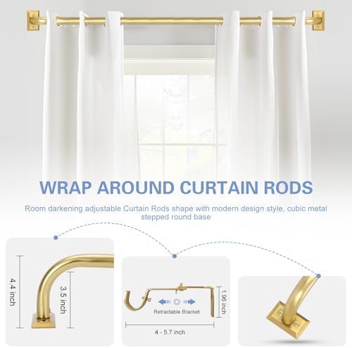 Gold Wrap Around Curtain Rods 36 to 72:Blackout Heavy Duty Adjustable Window Curtain Rod for Bedroom Kitchen,Modern Decorative Curved French Metal Single Drapery Rods Easy Install,Brushed Gold