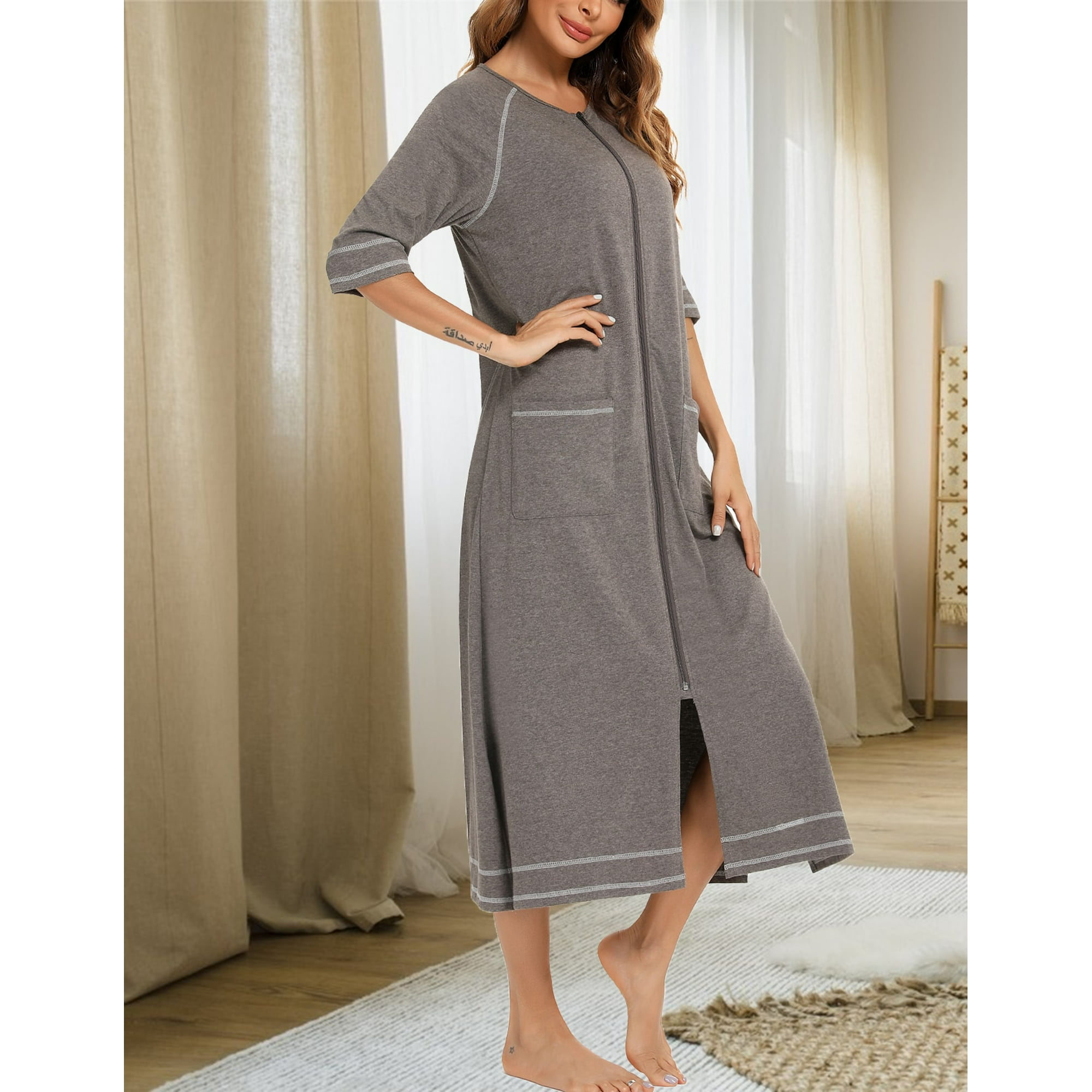 VOIANLIMO Women Robes Zipper Front Long Sleeve Full Length Housecoat with Pockets Loungewear S XXL Walmart