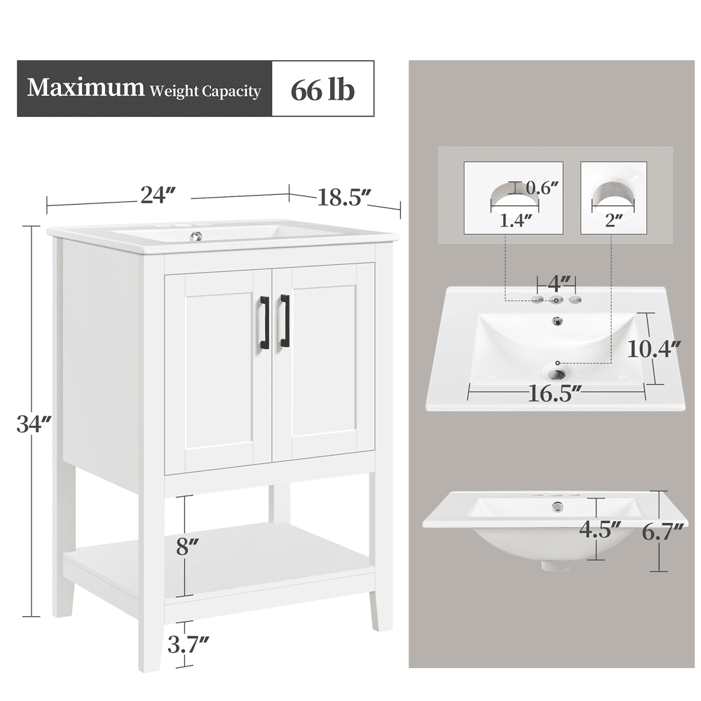 Alden Design 34" Wooden Bathroom Cabinet Vanity with Ceramic Vessel Sink, White