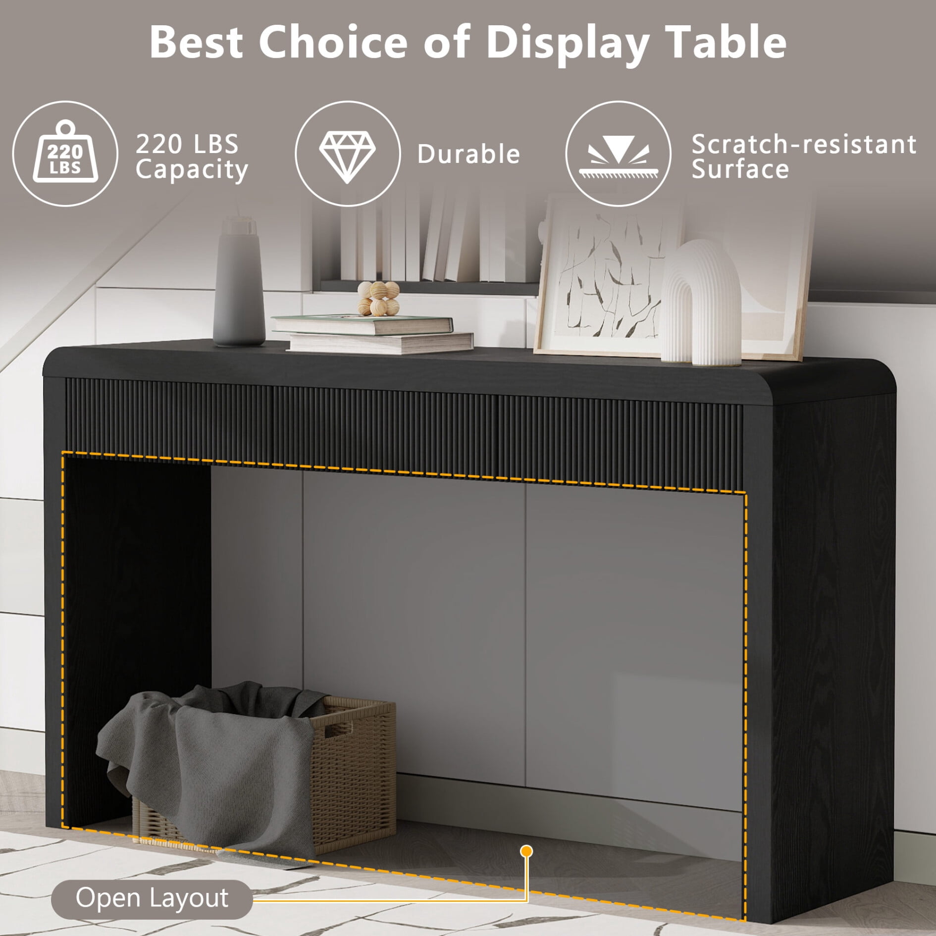 53 Inch Fluted Table for Entryway, Farmhouse Console Table with 3 Drawers and Adjustable Foot, Solid Wood Couch Tables Behind Sofa for Hallway, Living Room, Foyer, Black