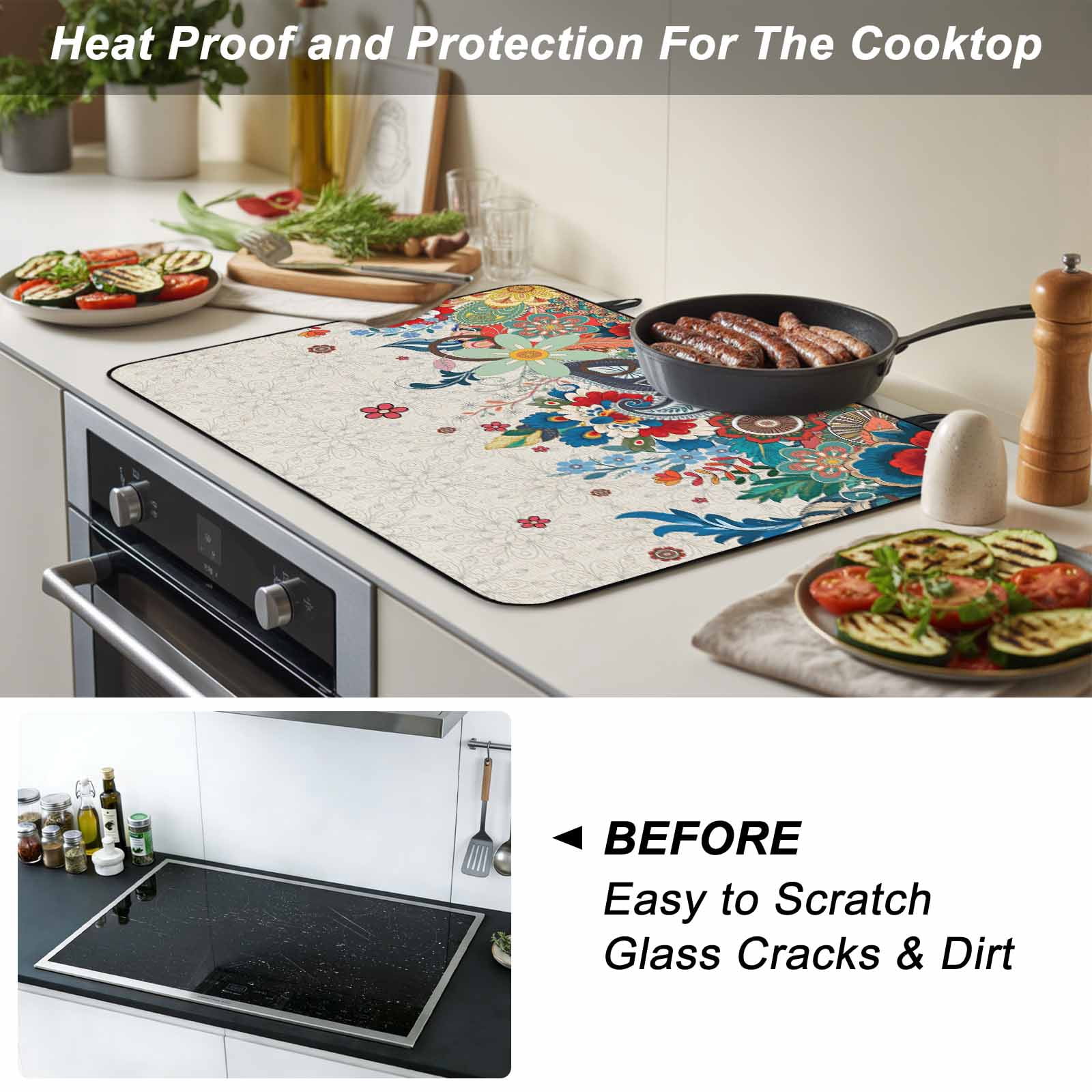 Boho Flowers Stove Top Cover for Electric Stove, Heat-proof & Non Slip Glass Top Stove Cover Protector, Abstract Ethnic Vintage Bohemian Floral Kitchen Flat Cooktop Rubber Mat 24x21 Inches