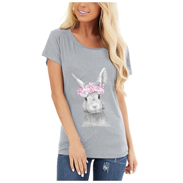 Hauts d'Été pour Femmes Grande Taille en Liquidation, T-shirt à Col Rond avec Imprimé Lapin, Manches Courtes, Blouse Décontractée Ample, T-shirt à Col en V pour Femmes en Liquidation