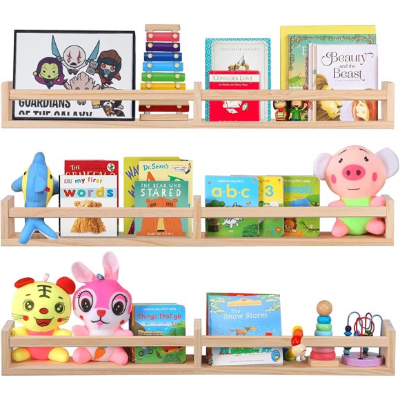 Nursery Shelves for Wall es Set of ，Natural Wood Wall Bookshelves for Kids Room Floating Nursery Bookshelves (es Set of )