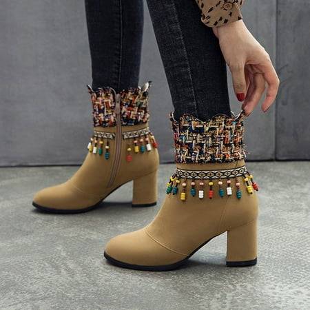 

Akiihool Boots for Women Women s Zipper Booties Stacked Heel V Cutout Pointed Toe Stacked Mid Heel Booties (Yellow 7)