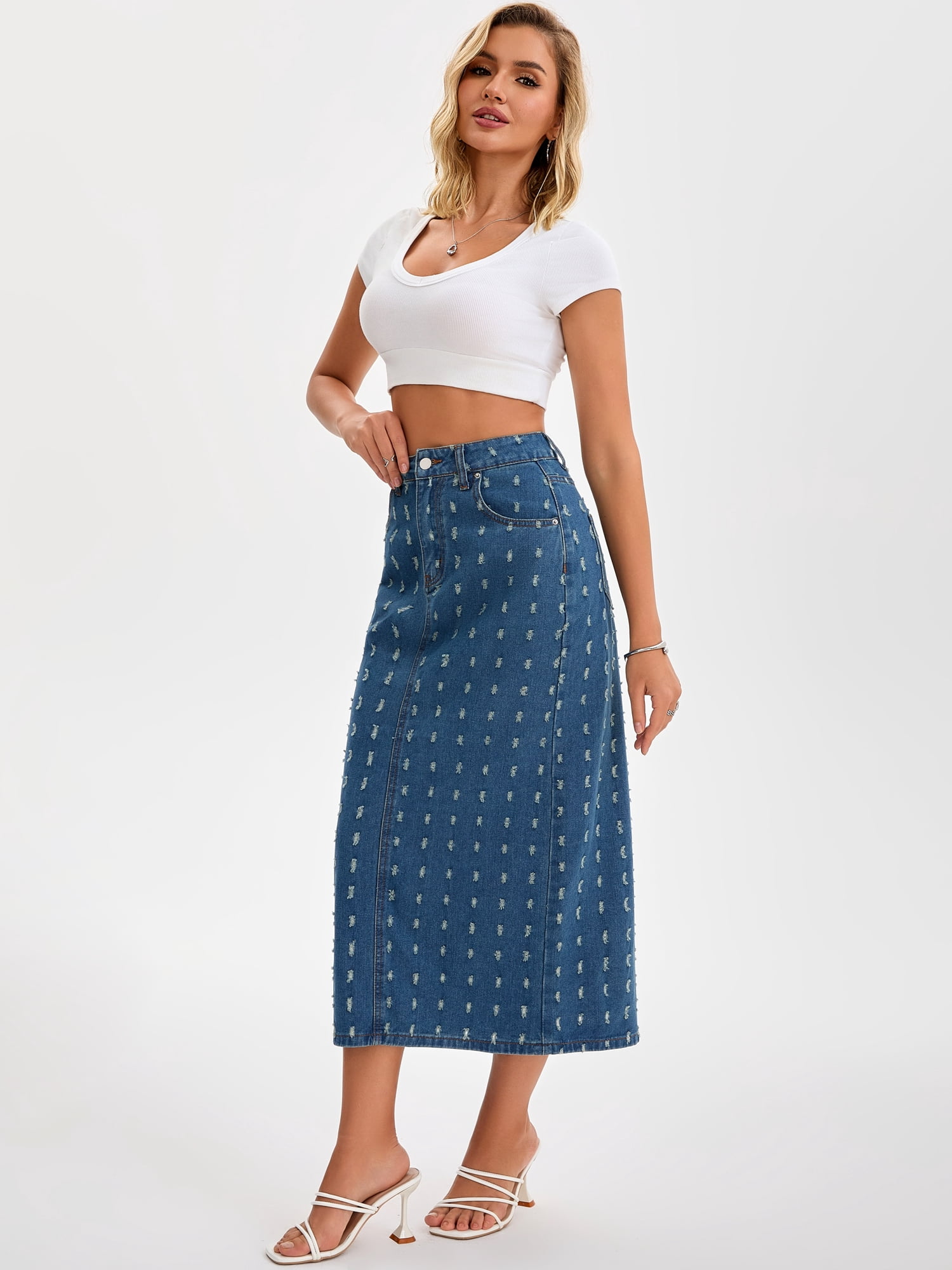 DARING DIVA Women's Denim Ripped Holes Back Slit Midi Jean Skirts X-Large Vintage Blue