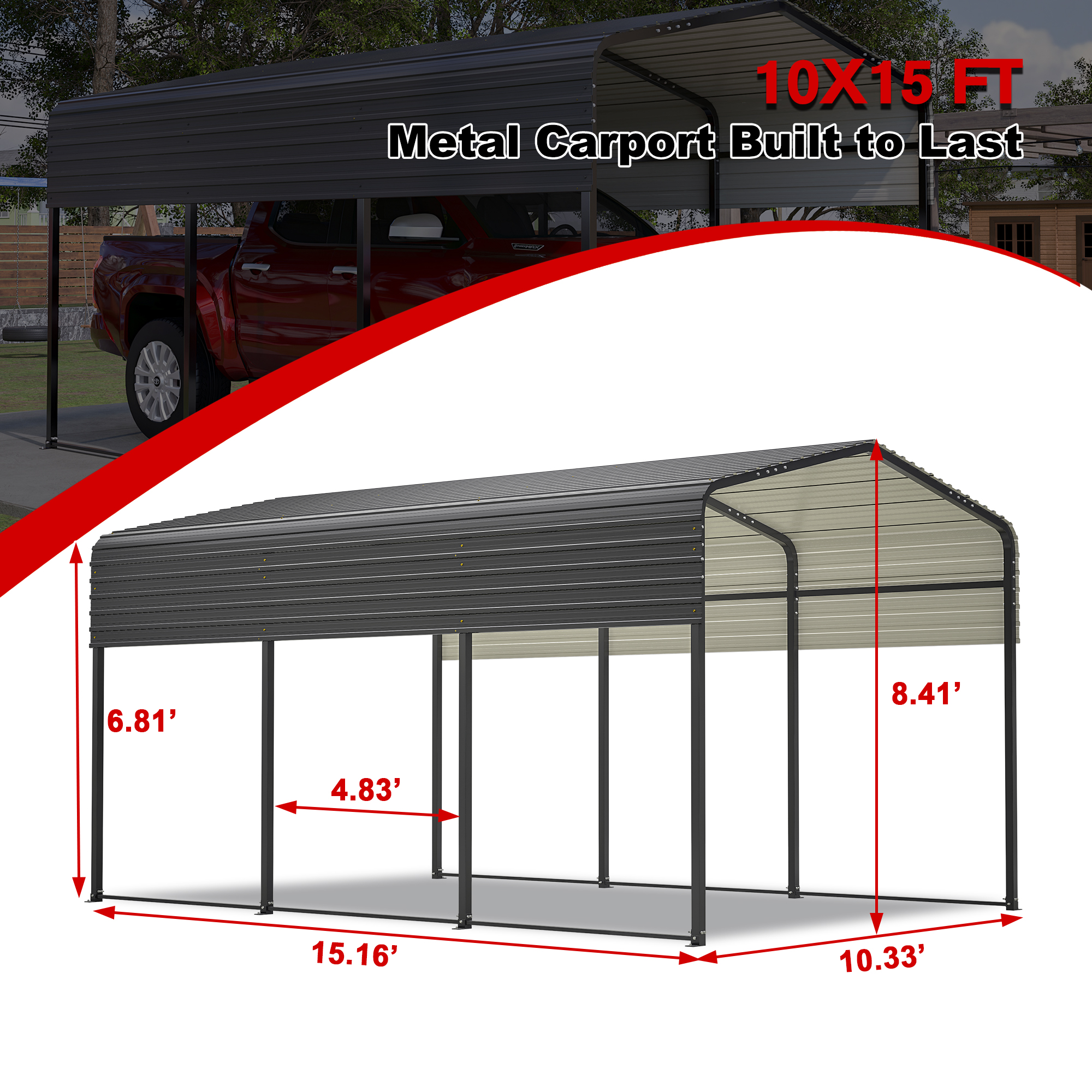 Upgraded 15x10 FT Heavy Duty Metal Carport with Enhanced Base, Extra Thick Galvanized Steel Frame, All-Weather Oversized Outdoor Car Shelter for Cars, Boats, and Tractors