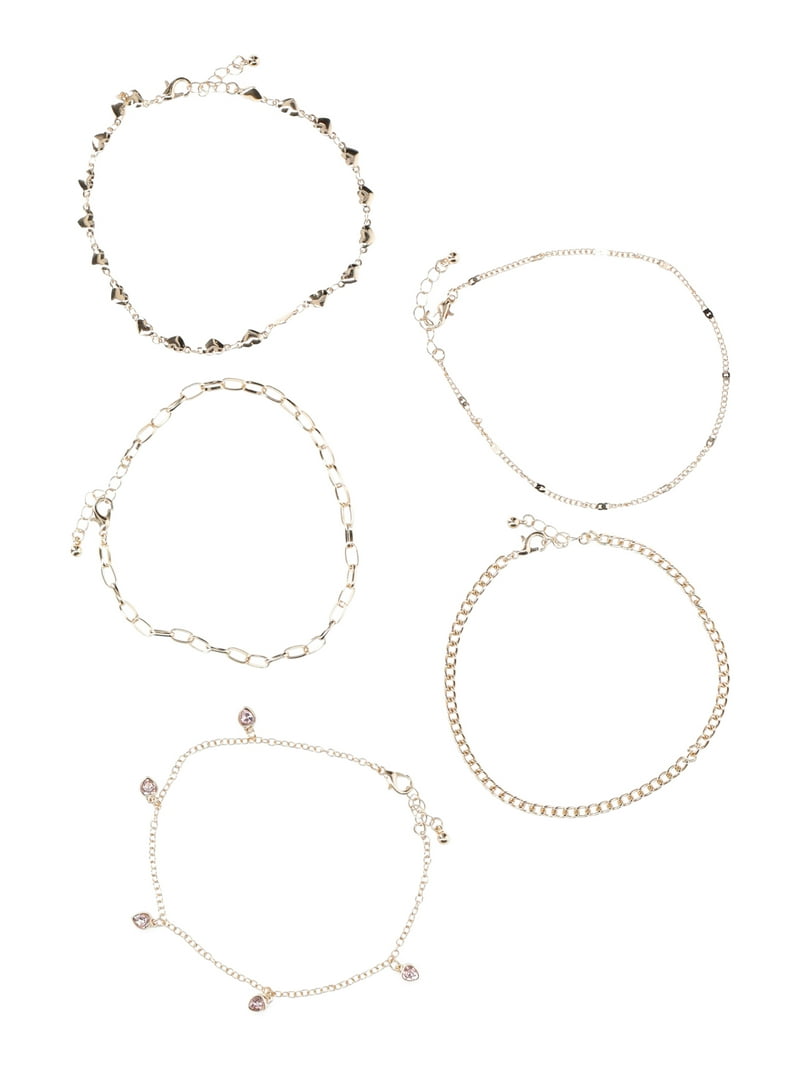 No Boundaries Gold Tone Anklet Set, Heart Motif, 5-Pieces, Women's