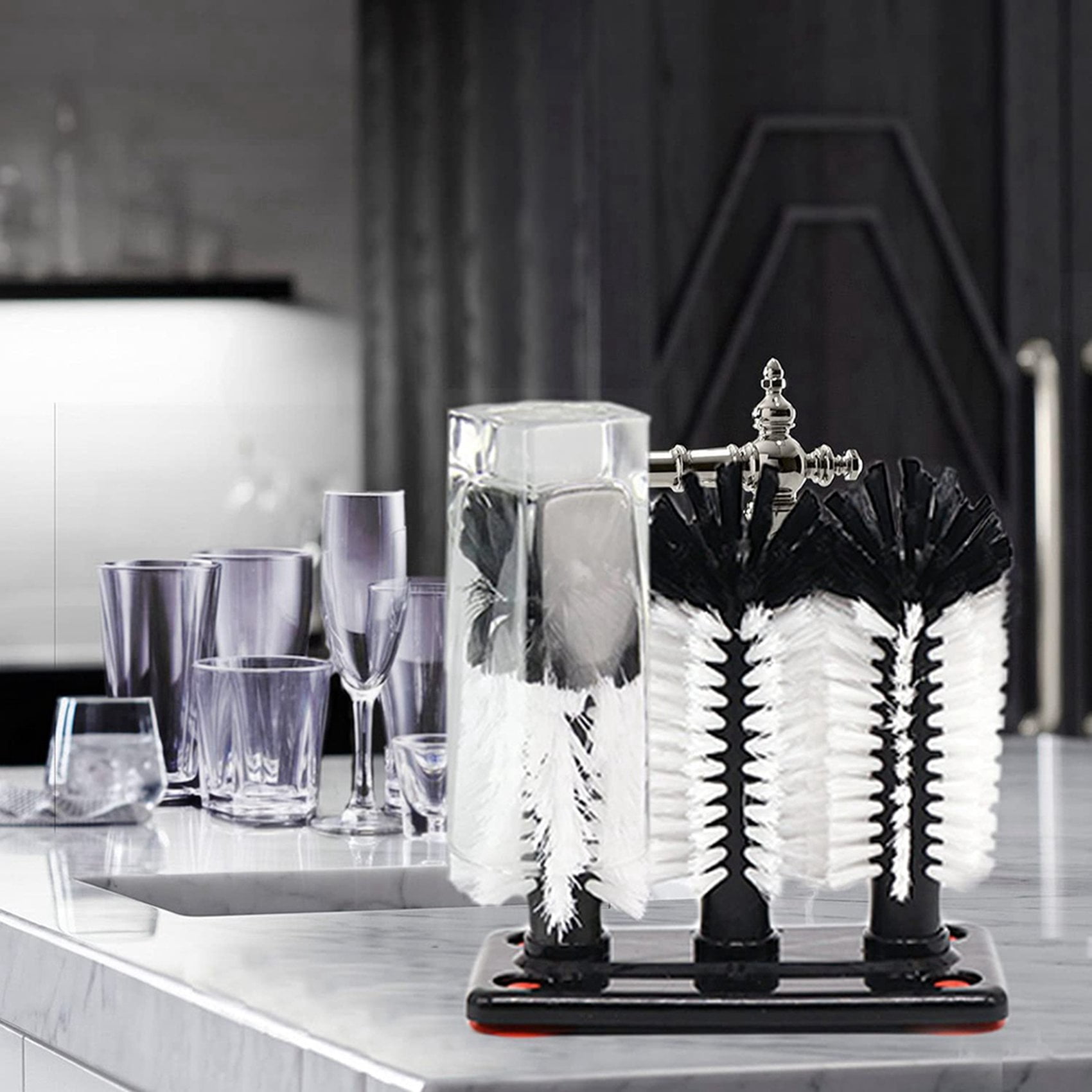 2X Water Bottle Cleaning Brush Glass Cup Washer with Suction Base 3 Head Bristle Brush for Beer Cup, Long Leg Cup,2 x Water Bottle and Glass Cleaning Brush,black&white