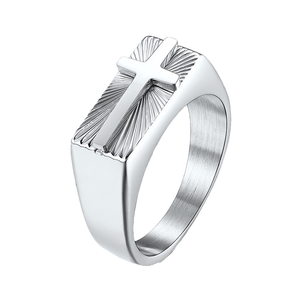 HIRPLIS Cross Rings for Men Stainless Steel Signet Radiant Sunburst Religious Prayer Faith Vintage Punk Gothic Statement Personalized Gift Jewelry Silver 10