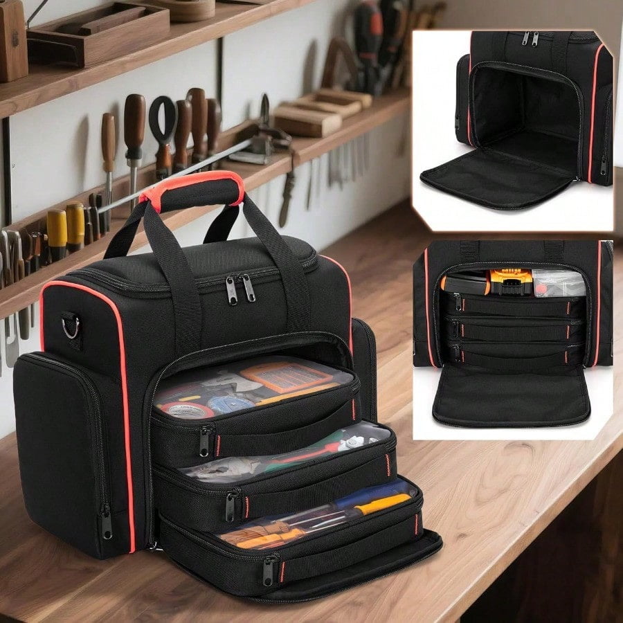 Tool Bag with 3 Removable Cases 2 Layers Tool Tote for Hand Tools Black with Red Binding
