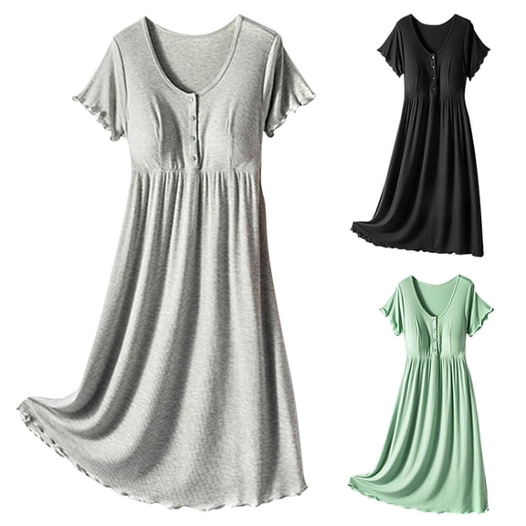 Modstep Maternity Nursing Dress for Women Crew Neck Front Button Short Sleeve Breastfeeding Dress for Ladies Summer Outdoor Black L