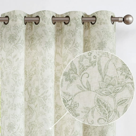 Curtainking Floral Curtains Linen Farmhouse Curtains for Living Room 84 inch Country Curtains Grommet Top Semi Sheer Curtains Light Filtering 2 Panels Green on Beige