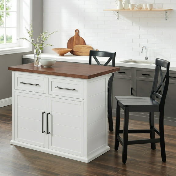 Kitchen Island with Storage & Stools - Wood Top Dining Island Cart for Kitchen