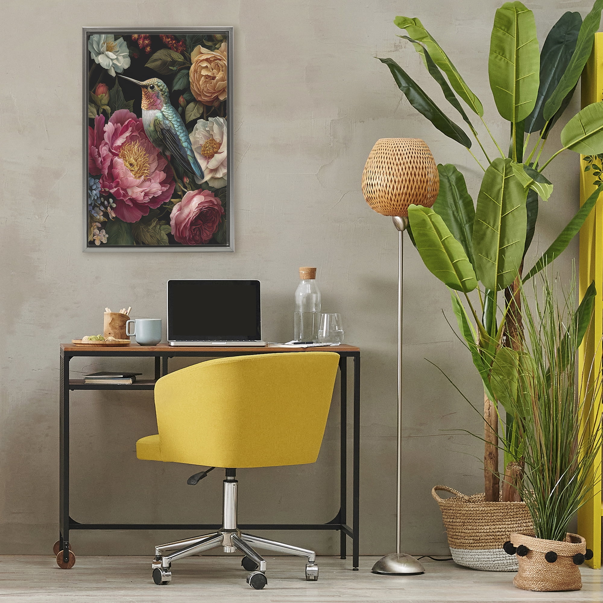 Stupell Industries Hummingbird & Lush Blooms Gray Framed Floater Canvas Wall Art, design by The Wands Want