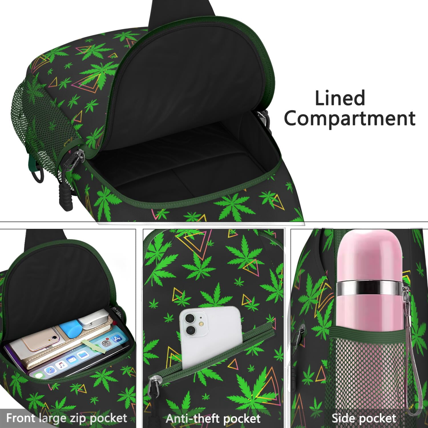 Colorful Weed Sling Bag for Men & Women - Durable Chest Bag with Secure Zippers for Biking & Urban Use - Hemp Leaf & Marijuana Leaf Aesthetic