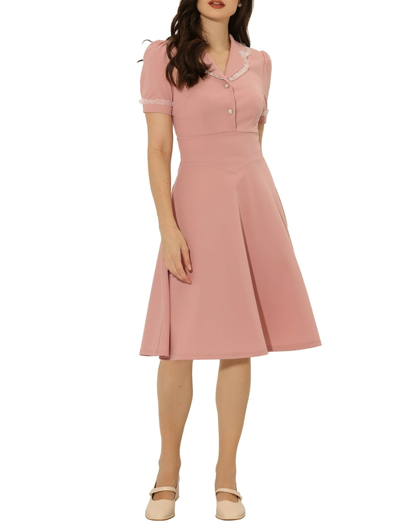 Inspire Chic Vintage Midi Dress for Women's 2024 Work Peter Pan Collar Dresses M Pink Inspire Chic Vintage Midi Dress for Women's 2024 Work Peter Pan Collar Dresses M Pink