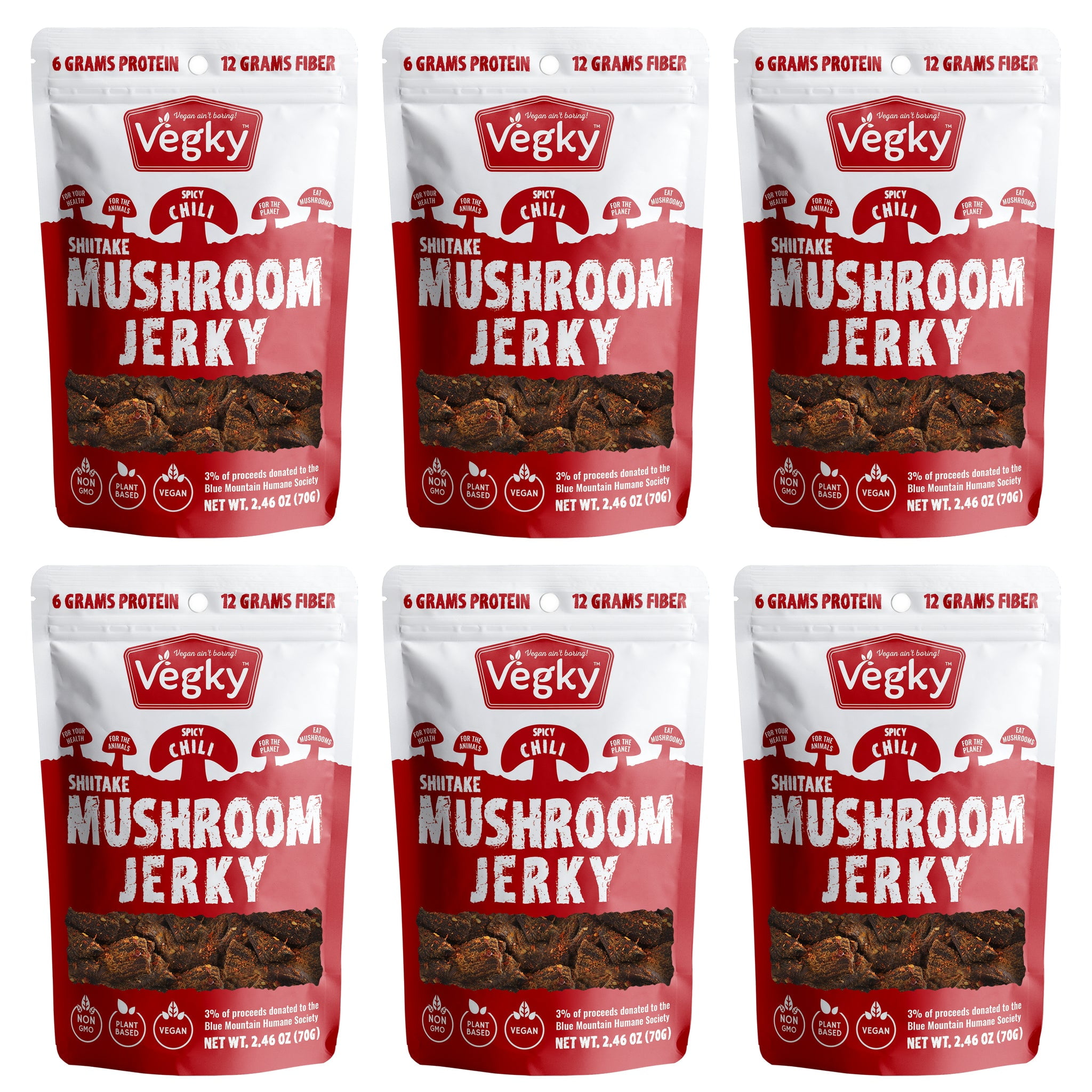 VEGKY Vegan Shiitake Mushroom Jerky SPICY 70 Grams 2.46 oz each 6 PACKS