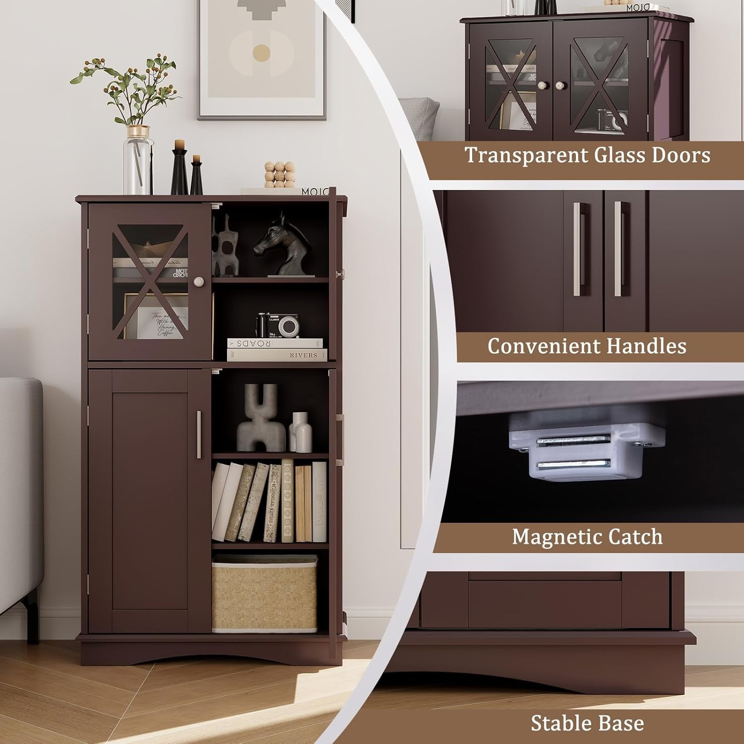 Bathroom Floor Storage Cabinet - Linen Floor Cabinet with Doors and Adjustable Shelves, Freestanding Side Storage Organizer for Bathroom, Living Room, Entryway, Kitchen Storage Unit (Brown)