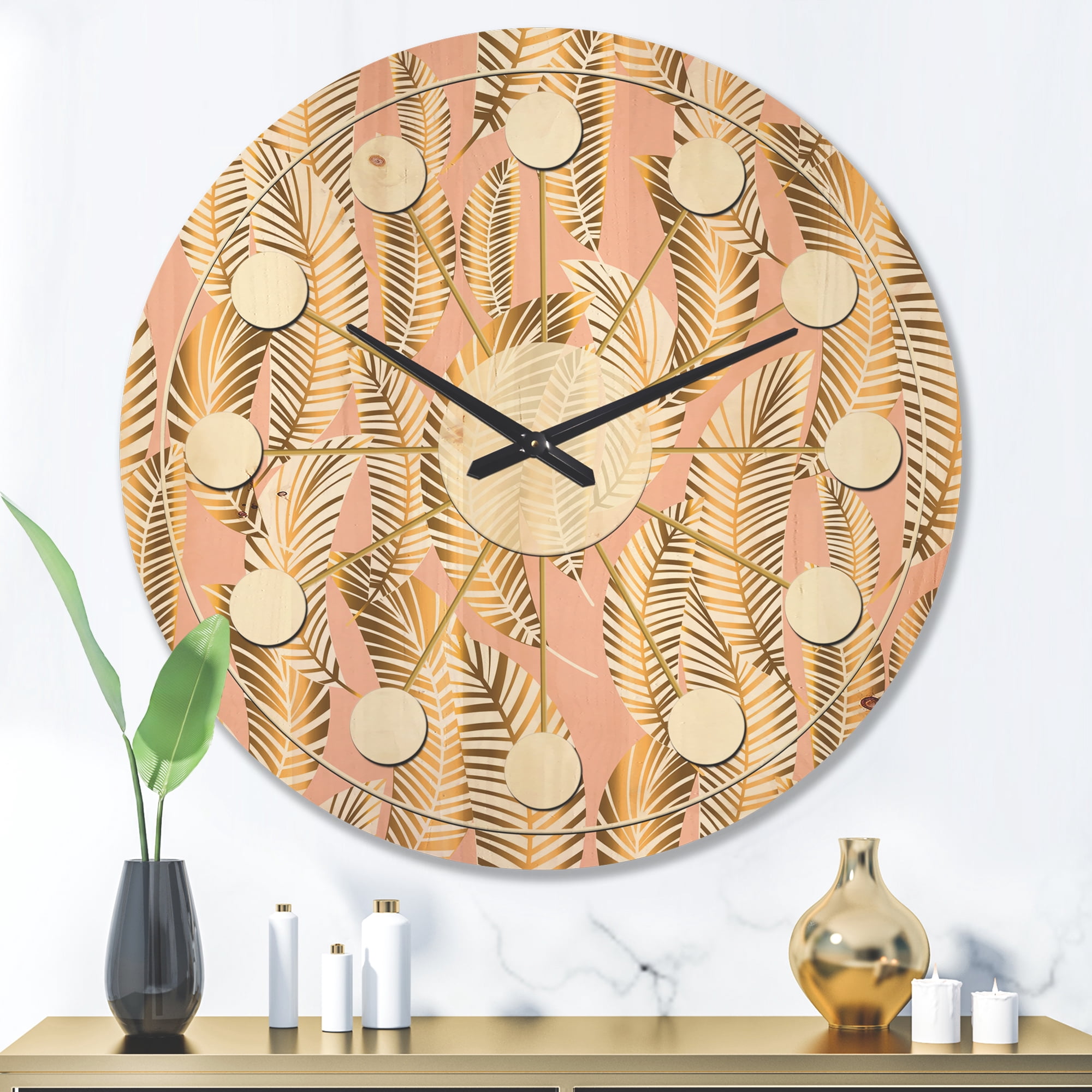 Designart 'Palm Golden Leaves I' Mid-Century Modern Wood Wall Clock