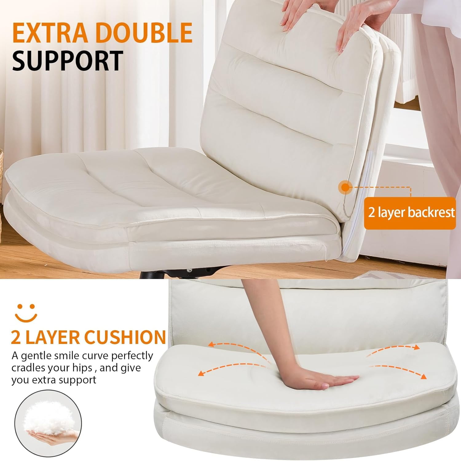 COMHOMA Armless Office Desk Chair, Criss Cross Chair with Wheels, PU Leather Padded Cross Legged Office Chair, Wide Seat Adult Vanity Chair for Home Office , Beige