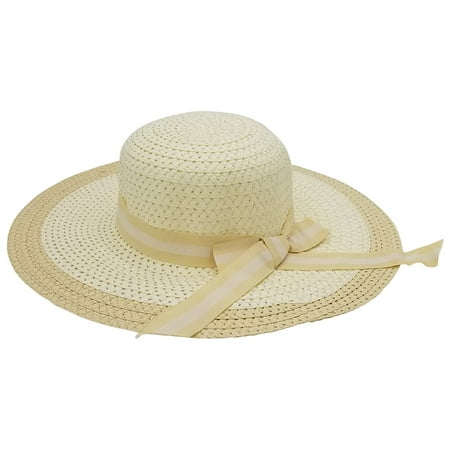 Woven Sun Hats for Women, Chic Summer Ladies Fashion Hat, Sylish Ribbon (Striped Bow - Tan, 1 Pack)