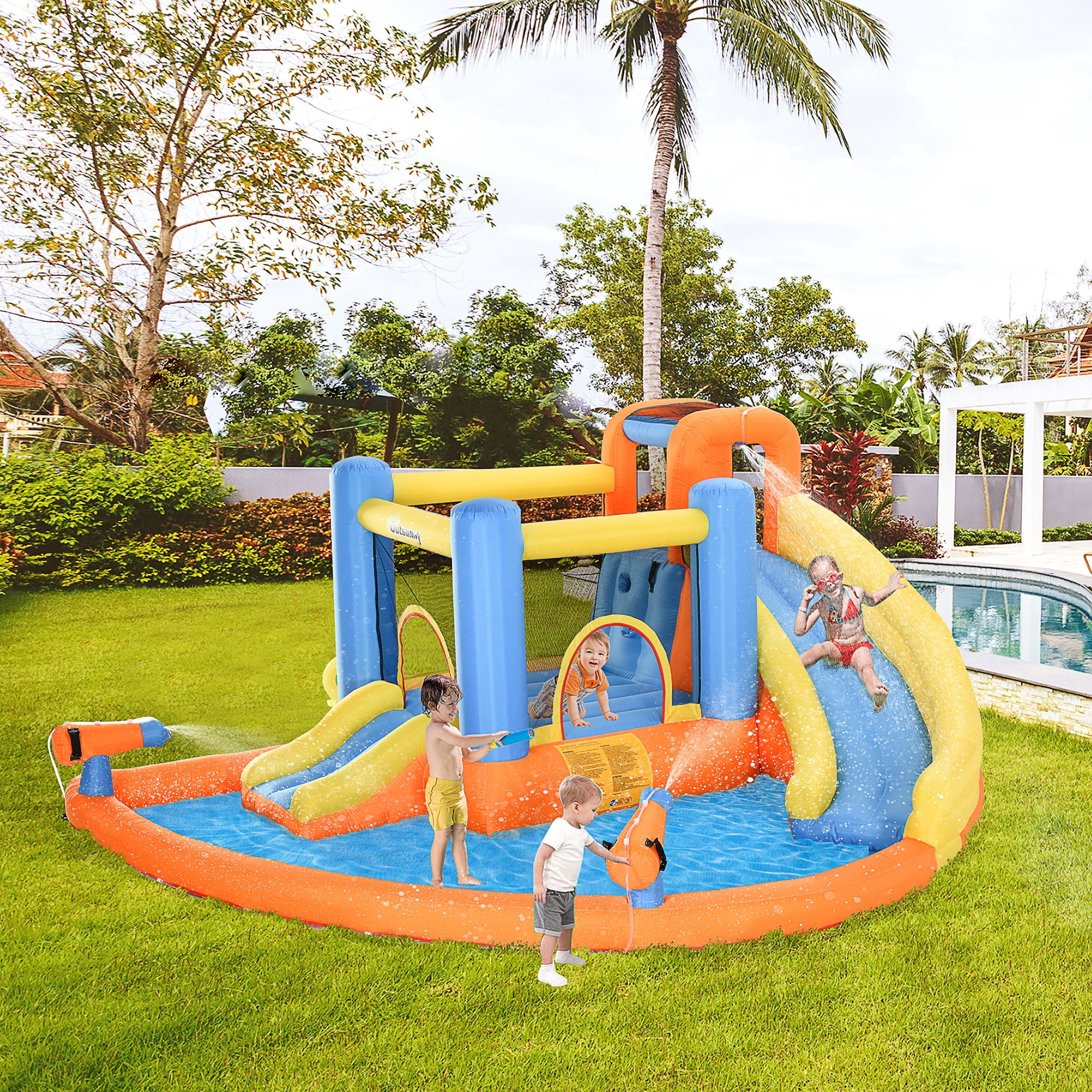 Ambifirner Inflatable Water Slide 5-in-1 Bounce House Water Park Jumping Castle with Water Pool, Slide, Climbing Walls, & 2 Water Cannons, 450W Air Blower