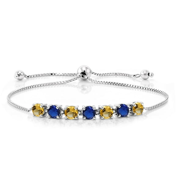 Gem Stone King 2.33 Ct Round Yellow Citrine Blue Created Sapphire 925 Silver Tennis Bracelet for Women