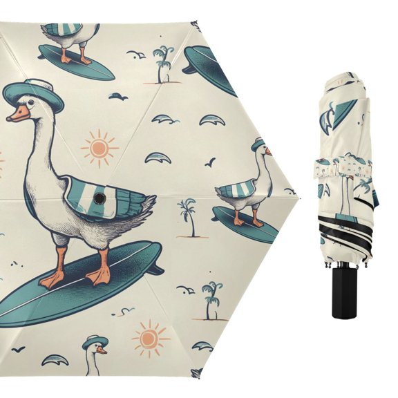 Goose with Hat on Surfer Compact Sun Umbrella Windproof Travel Umbrellas for Rain Strong Portable UV Protection