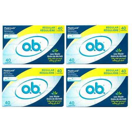 o.b. Tampons No Applicator, Unscented - 40ct, Applicator-Free Tampons Regular, Feminine Care, ob Tampon Regular, Period Products - 4 Pack
