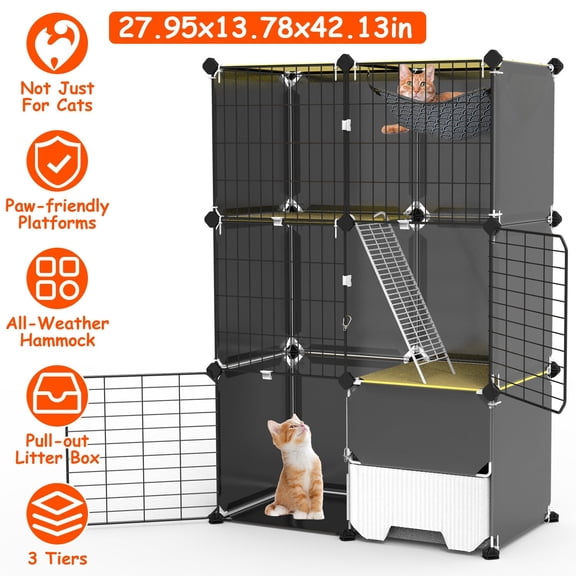 Moclever 3 Tier Cat Playpen Cage, Detachable Metal Wire Indoor Cat Kennel with Litter Box Hammock Ladder for 1-2 Kittens, 28x14x42"