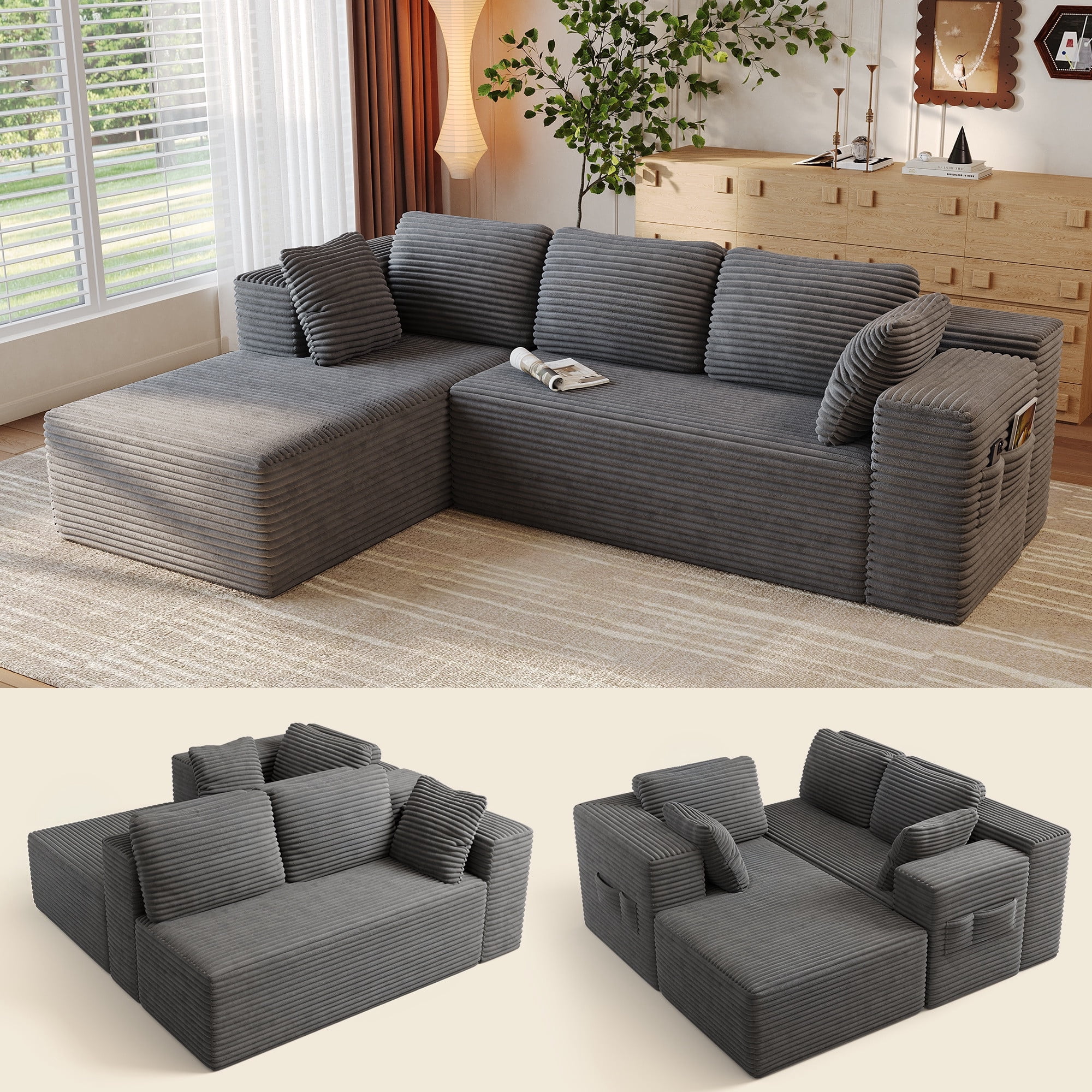 Sofa, 105" Cloud Sectional for Living Room with  Soft Modular Couch for Bedroom,  No Assembly Required L-Shape Sofa, Dark Gray, No Assembly Required, Dark Gray