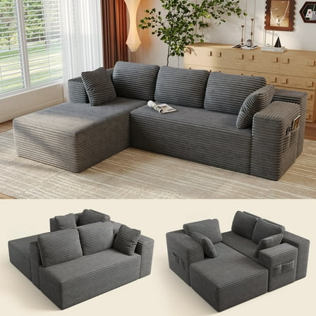 Jolifa 105” Modular Sectional Sofa, Cloud Sectional Couch with Deep Seat, Modern L-Shape Sofa Couch with Chaise, No Assembly, Soft Corduroy for Living Room Bedroom, Gray