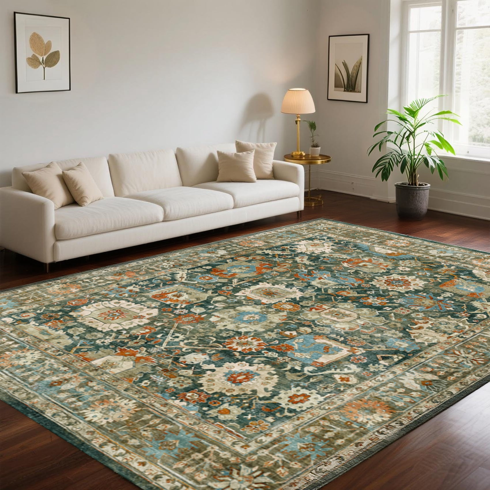 Rugs for Living Room 5x7, Non Slip Machine Washable Indoor Large Rug, Low Pile Chenille Print Mat for Bedroom Dining Room Home Office Kitchen,dark green