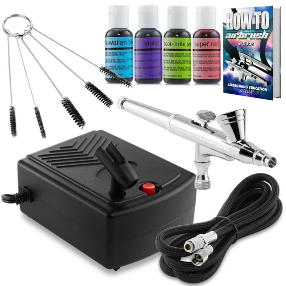 PointZero Airbrush Cake Decorating Kit - Professional Airbrush, Portable Compressor Bundle with 4 Chefmaster Colors