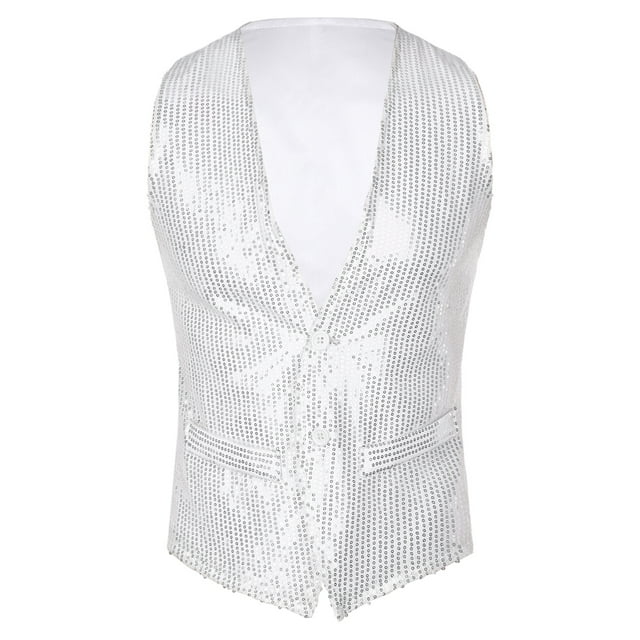 Doomiva Men Shiny Sequins Vest Button Sleeveless Slim Fit Waistcoat Club Prom Party Performance Dance Jacket White 150/M