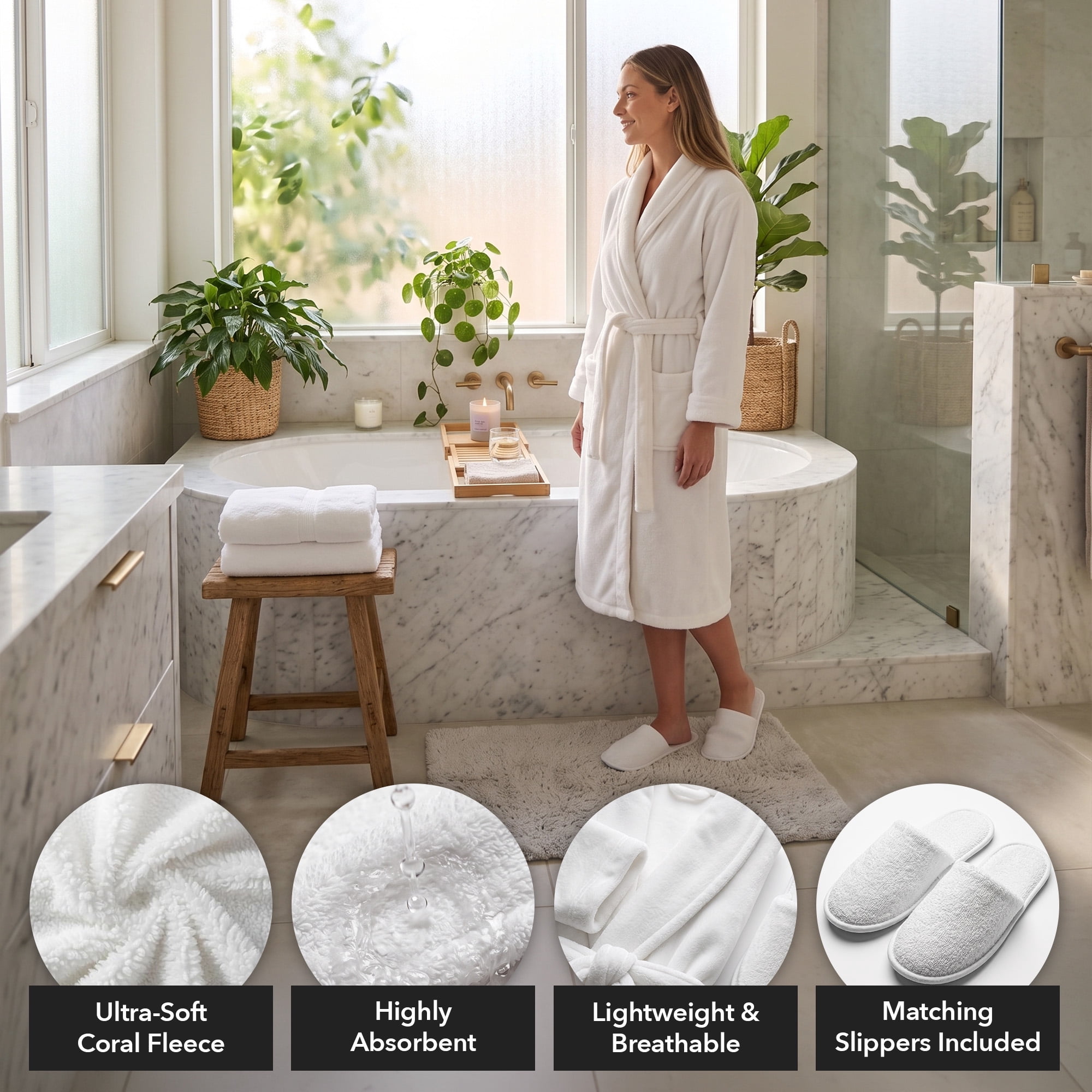 OVENTE Coral Fleece Bathrobe with Slipper Set, White BRFS1047W | Soft and Absorbent Robe for Men and Women, Lightweight, Unisex, Perfect for Spa or Bathroom Accessories and Home Essentials