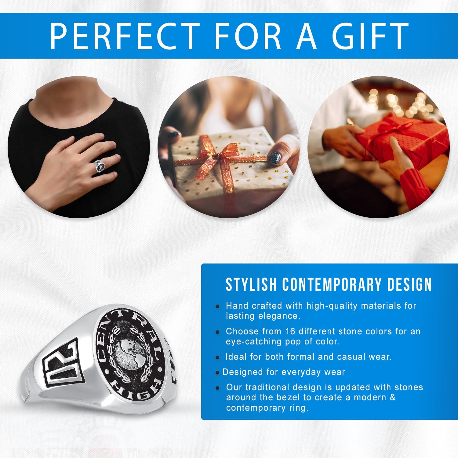 Personalized Men's Crest CZ Pave Top Class Ring available in Valadium, Silver Plus, 10kt and 14kt Yellow and White Gold