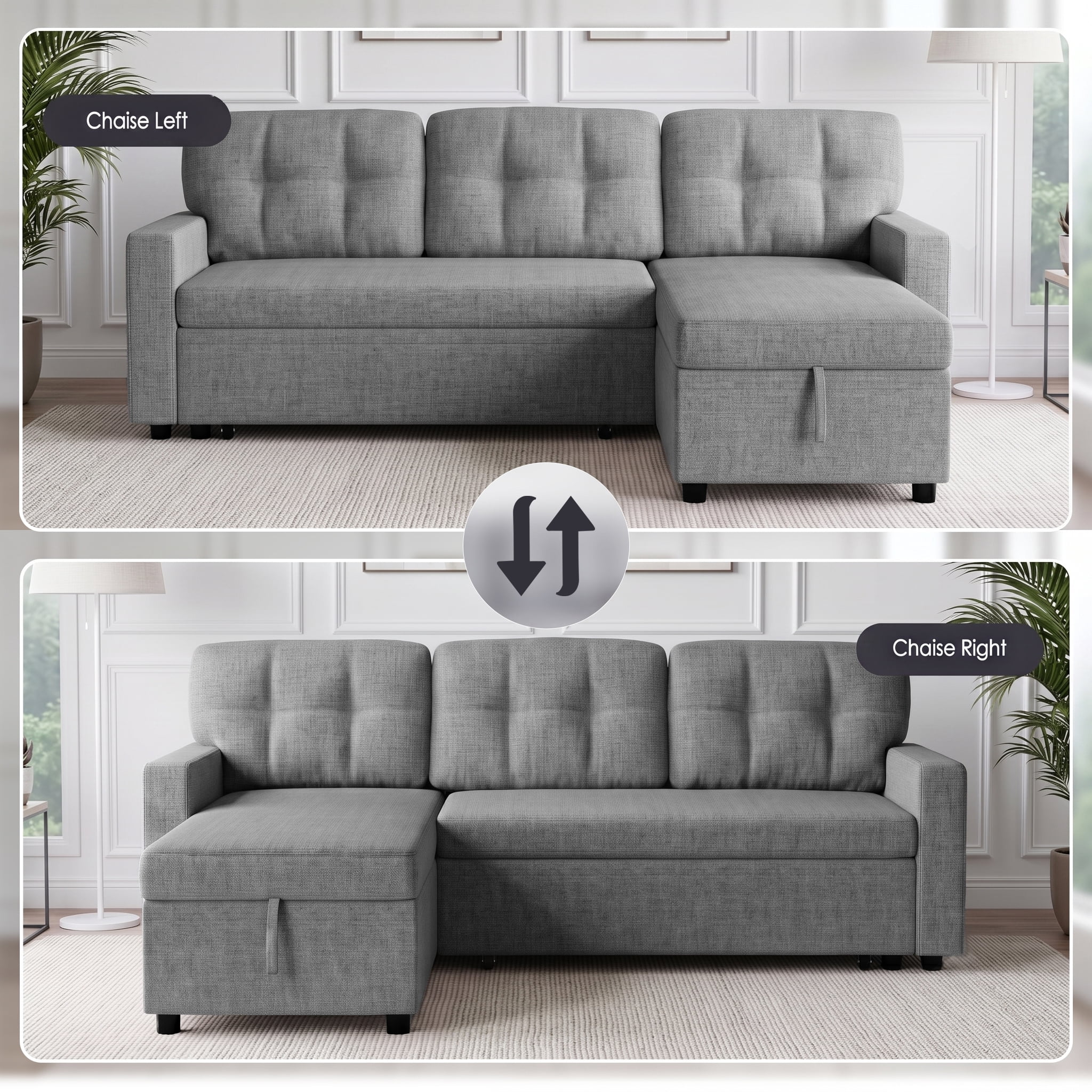 avobird 82" L Shaped Sleeper Sofa Bed, 3-Seat Convertible Sectional Couches with Storage Chaise, Linen Fabric Pull Out Couch for Living Rooms, Apartment, Light Gray