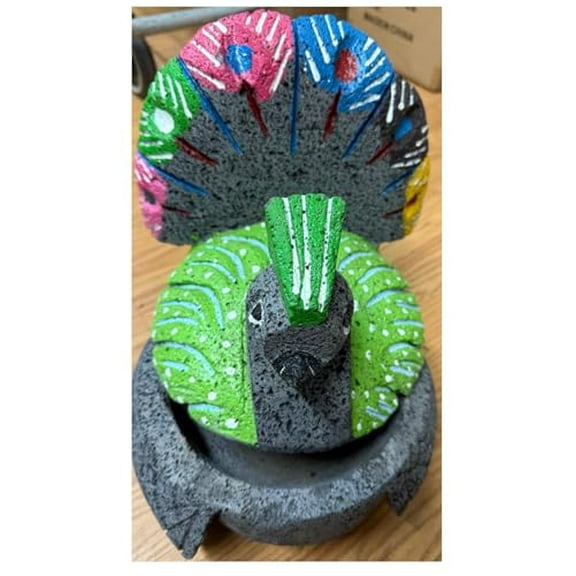 Made in Mexico Beautifully Hand Carved Painted Guacamole Maker Large Peacock Pavo Real Genuine Mexican Manual Guacamole Salsa Maker Volcanic Lava Rock Stone Molcajete W/Top Mortar and Pestle