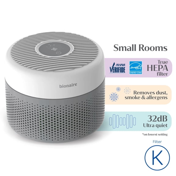 Bionaire True HEPA Air Purifier for Small Rooms Up to 345 sq. ft with 3-Speed, 360° Air Intake, Digital Controls and Removes 99.97% of Airborne Particles - White