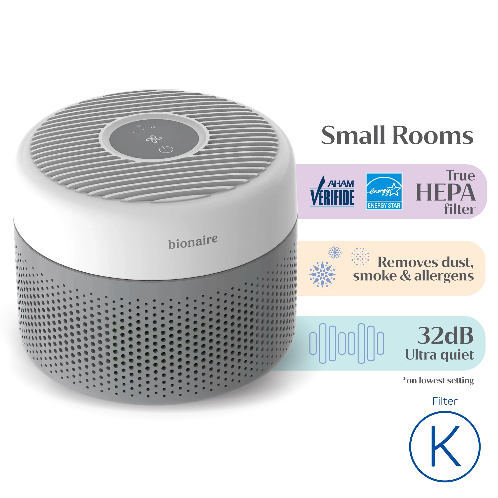 Bionaire True HEPA Air Purifier for Small Rooms Up to 345 sq. ft with 3-Speed, 360° Air Intake, Digital Controls and Removes 99.97% of Airborne Particles - White