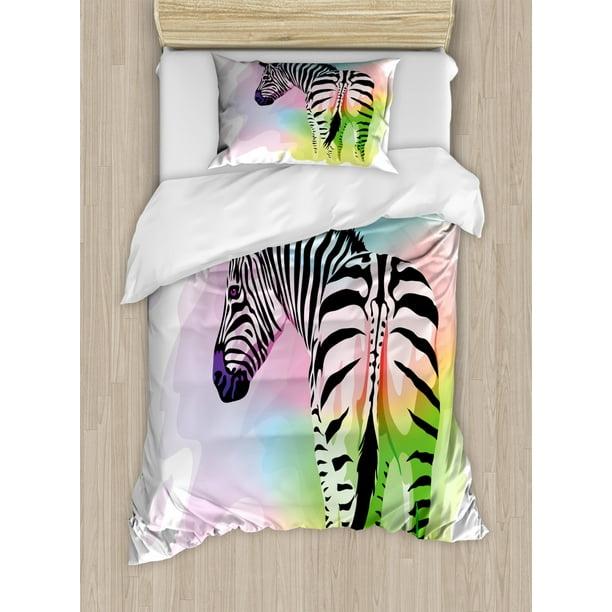 Rainbow Zebra Duvet Cover Set, Watercolor Effect Pastel Tone Striped