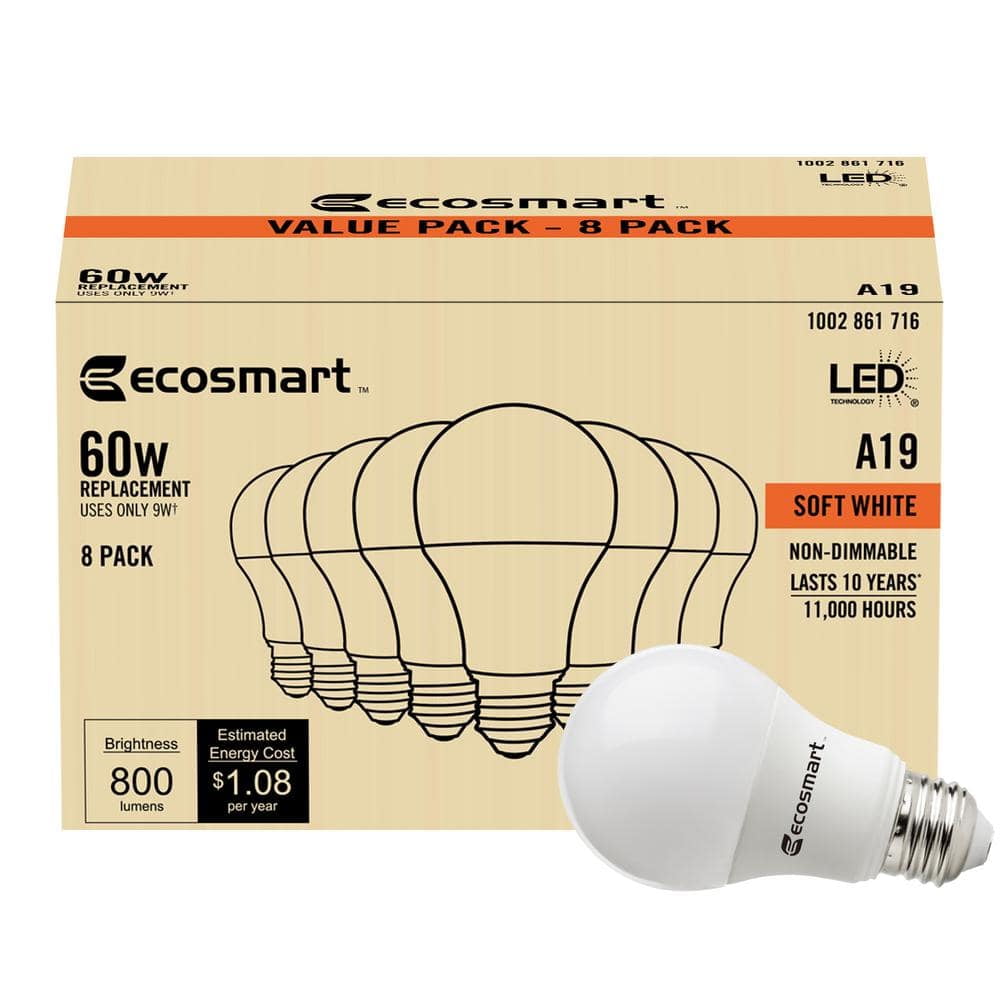 EcoSmart 60-Watt Equivalent A19 Non-Dimmable LED Light Bulb Soft White (8-Pack)