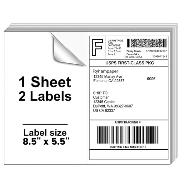 RyhamPaper 4000 Shipping Labels, 8.5" x 5.5", Half Sheet Sticker Labels for Laser/Inkjet Printer (4000 Labels)