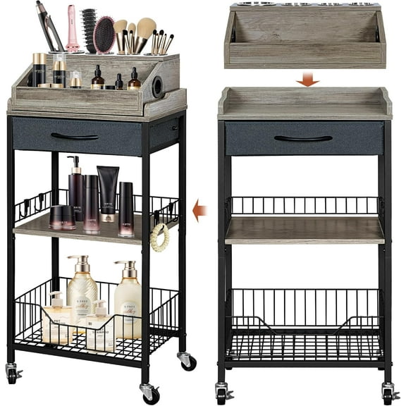 Makeup Organizer Cart Large, 2-in-1 Beauty Organizer with Wheels & Hair Tool Holder, Makeup Stand with Drawer, Vanity Storage Cosmetics Display Cases for Skin Care Nail Polish Perfume-Black