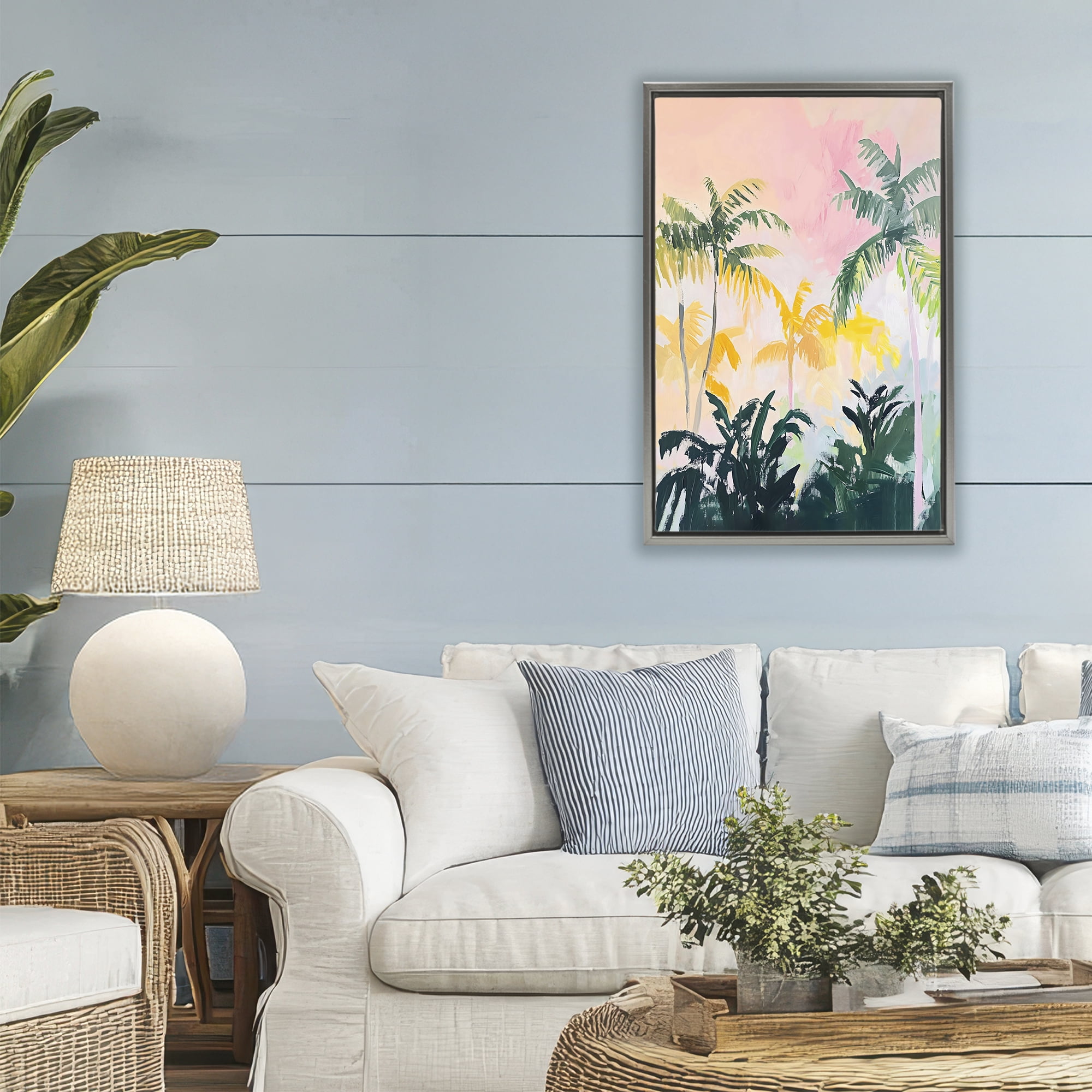Stupell Industries Pastel Palms in Morning Glow Gray Framed Floater Canvas Wall Art, design by The Prints Vibe