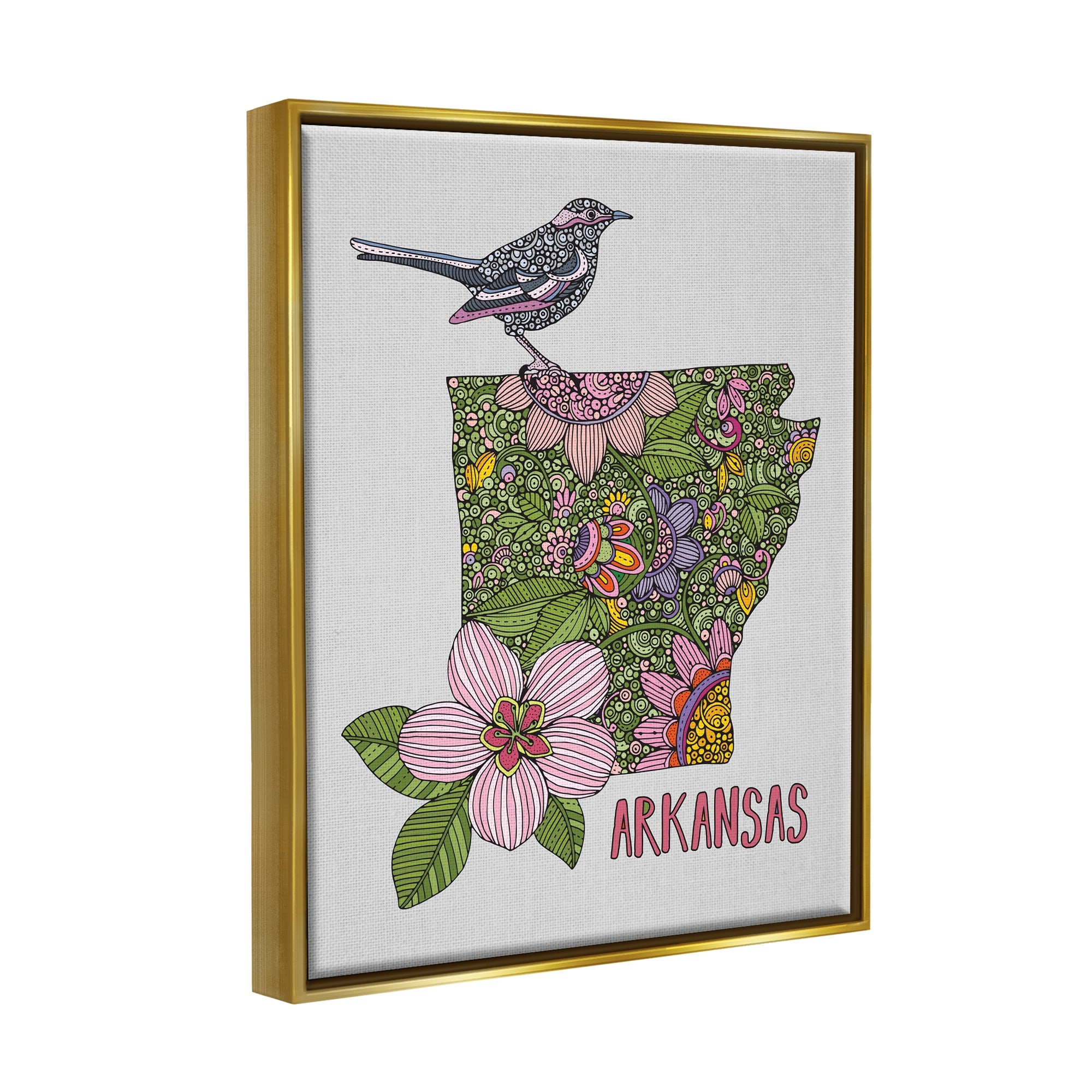 Stupell Industries Intricate Arkansas Floral Pattern Mockingbird Blossom Graphic Art Metallic Gold Floating Framed Canvas Print Wall Art, Design by Valentina Harper