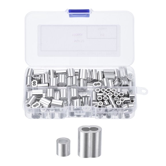 Unique Bargains Aluminum Crimping Loop Sleeve 1/8'' Double Ferrule and 1/8'' Crimping Stop Sleeve, Silver 100set