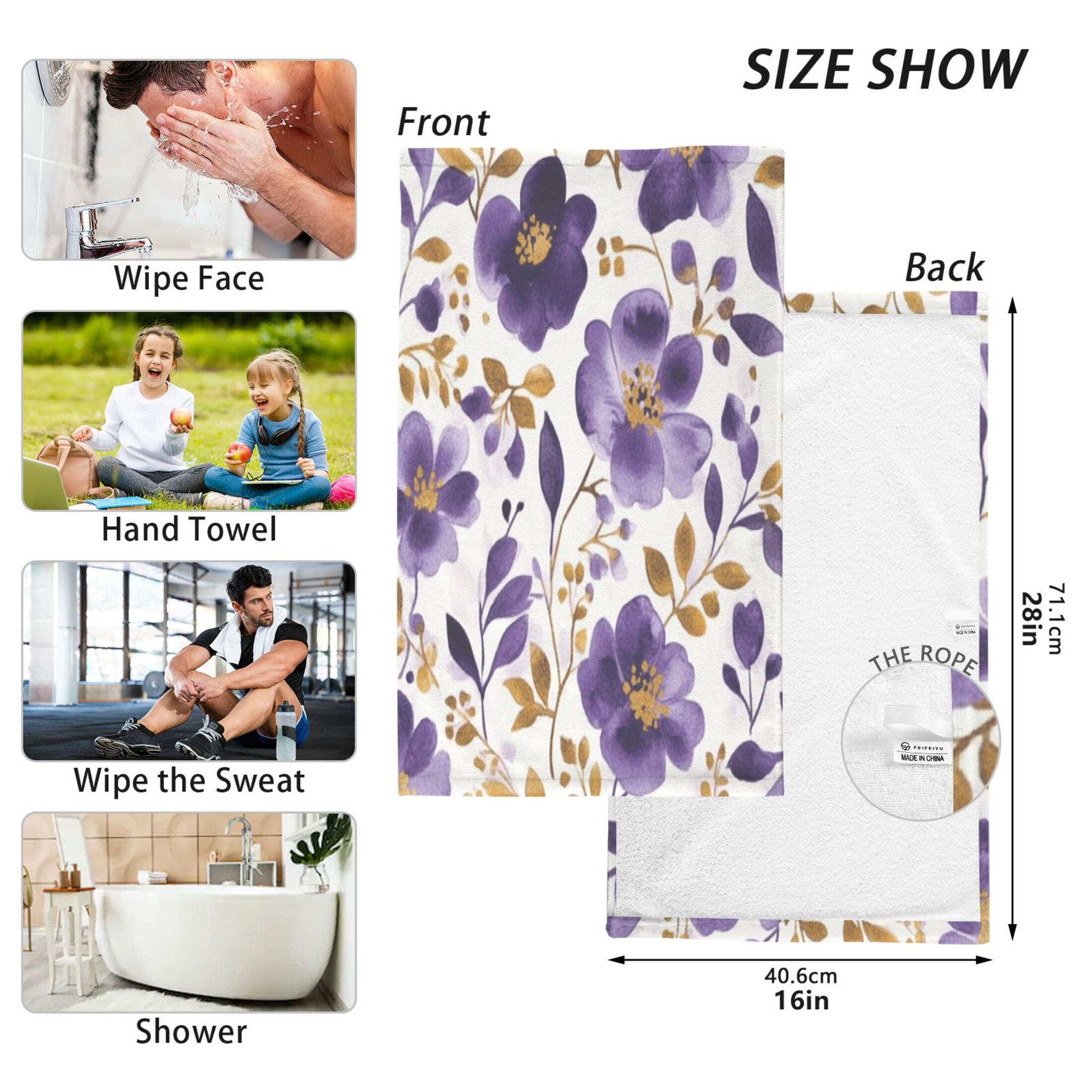 2 Pcs Absorbent Face Towel Bath Hand Towels Soft Breathable Cotton Towel Set for Bathroom Kitchen Hotel Spa Decor Purple and Gold Floral