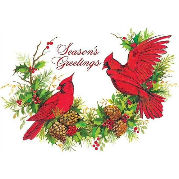 Holiday, New Years Boxed Greeting Card Multi-Pack Set (4x6) by Fravessi | 16 Cards 17 Envelopes | Cardinals on Wreath Design | Red, Green